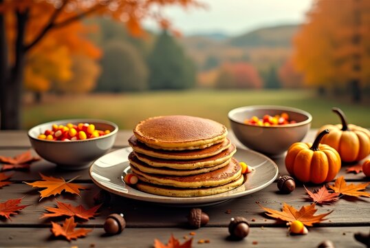 Stack of Pancakes with Candy Corn, Pumpkins, and Fall Leaves