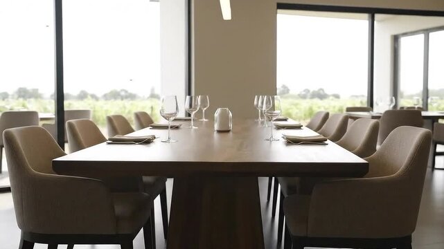 Elegant Restaurant Dining Room With Large Wooden Table Set For A Formal Meal With Vineyard Views