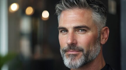 A man with gray hair and a beard, wearing a black shirt, standing in front of a blurred background with warm lighting.