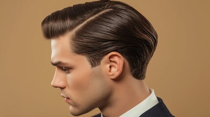 A man with a stylish haircut, wearing a suit, standing against a brown background.