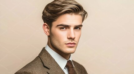 A man with light brown hair, wearing a brown suit and tie, standing against a beige background.