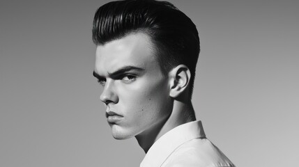 A young man with a stylish haircut, wearing a white shirt, stands against a plain background.