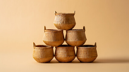 A pyramid-shaped stack of small, beautifully woven baskets on a neutral background.