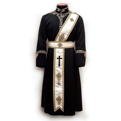 A black and gold priest's robe with intricate embroidery and a white sash, displayed against a white background.