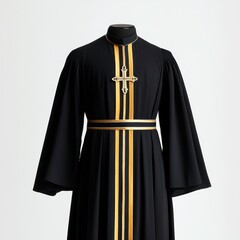 A black and gold clerical robe with a gold cross on the chest, worn by a man in a white background