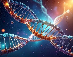 Digital rendering of a DNA double helix with blue and orange segments against a dark, cosmic background