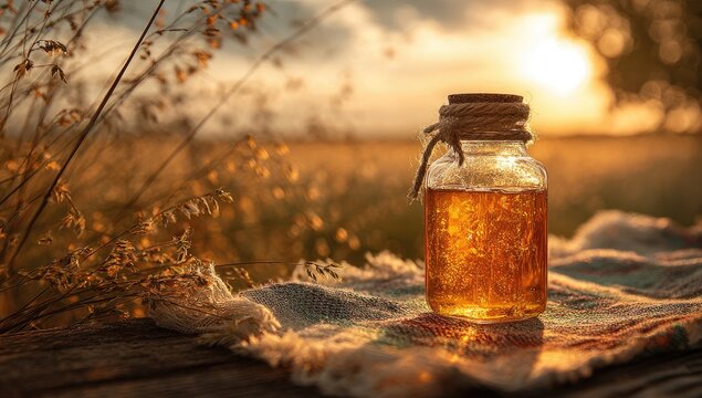 Glass jar with amber liquid sits on a cloth, sunset background