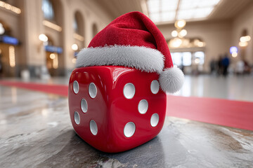A photo realistic image of a classic red six-sided dice with white pips, with different numbers on each visible side (standard dice numbering, no repeating numbers). The dice is ma