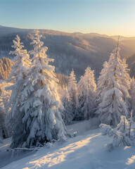 winter landscape, snow-covered forest, evergreen trees, snowy evergreens, sunrise light, sunset light, golden hour, golden sunlight, winter sunrise, winter sunset, frosty forest, snowy nature, serene 