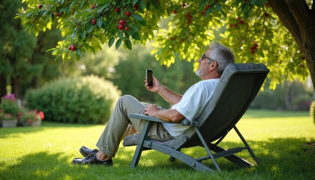 Mature man relaxes in garden chair under tree with mobile phone. He enjoys warm sunny day outdoors, checking device during his leisure time. Green lawn and blooming plants surround him. - Powered by Adobe