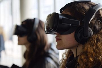 Concept for futuristic virtual classroom learning showing young female students with VR glasses