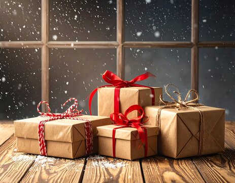 Gifts wrapped in brown paper with ribbons by a snowy window
