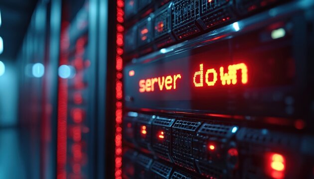 Server rack with red alert showing server down in dark data center. System failure, network outage, technical problems, and data loss issues.