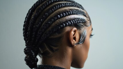 A woman with braided hair, wearing a black top, stands in front of a white background.