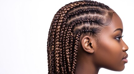 A woman with braided hair, wearing a black top, stands against a white background with a white wall.
