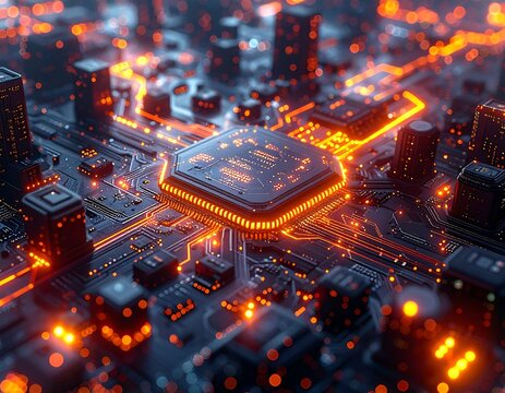 Futuristic, glowing cityscape reimagined as an electronic circuit board, with a central processor core