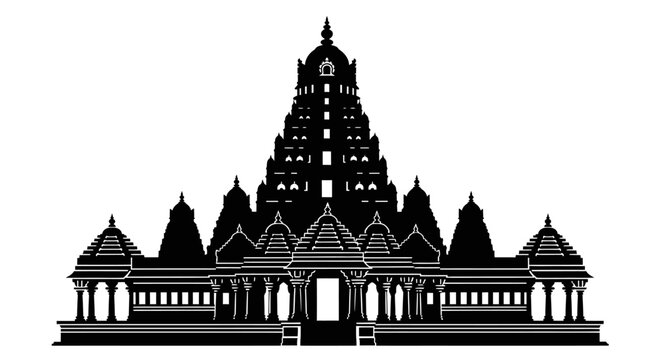 Detailed silhouette of an ancient Hindu temple with multiple spires and intricate architecture.