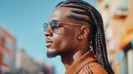 A man with braided hair, wearing glasses and an orange sweater, standing in front of a colorful building with a blue sky in the background.