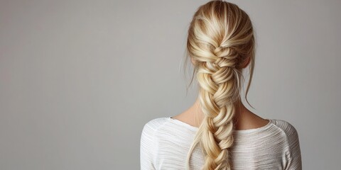 A woman with blonde hair styled in a side braid, wearing a white top, standing in front of a plain background.