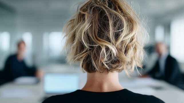 A over-the-shoulder shot behind a 20s american woman facing interviewers. Minimalist office conference room, neutral color palette, modern desk setup with laptop and documents, sha