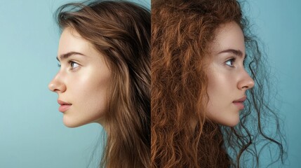 A side-by-side comparison of a woman's face with and without makeup, set against a blue background.