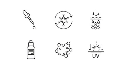 Skincare science icons: dropper, molecule, hydration, serum bottle, UV protection, and cellular structure.