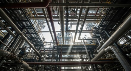 Complex network of industrial pipes and steel structures at a refinery plant under bright sunny skies during daytime