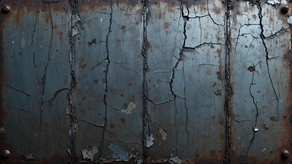 Naklejka premium Cracked blue paint and heavy rust on aged metal panels, creating a grungy industrial texture background with visible rivets.