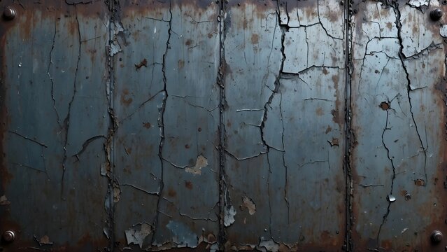 Cracked blue paint and heavy rust on aged metal panels, creating a grungy industrial texture background with visible rivets.