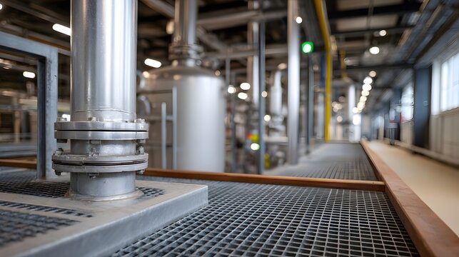Close up of industrial plant infrastructure with prominent stainless steel pipes and metal grating platform showcasing modern manufacturing