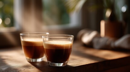 Warm coffee cups sit on a wooden table by a sunlit window in a cozy setting