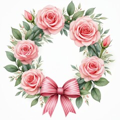 Naklejka premium Pink roses form a circular wreath with plants and a pastel striped bow. This illustration is perfect for cards, invites or wedding decor. It evokes romance and elegance.