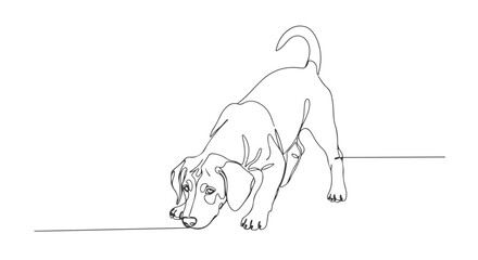 Single line continuous illustration of a dachshund puppy sniffing a scent trail, minimal artwork concept, 6