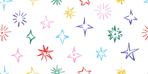 Colorful playful hand drawn sparkling stars seamless pattern, twinkle crayon elements, starbursts with bold texture. Naive shine print vector illustration isolated on transparent backgroud