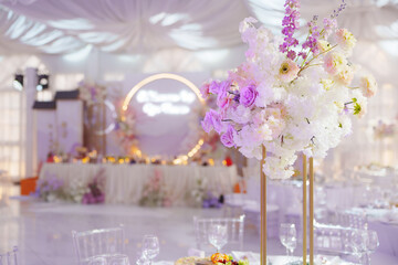 Elegant floral arrangement at a stylish wedding venue