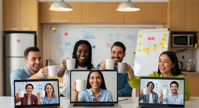 Multiracial business colleagues celebrating success with a coffee mug toast during a lively hybrid video conference meeting displayed across multiple laptops in a modern office kit