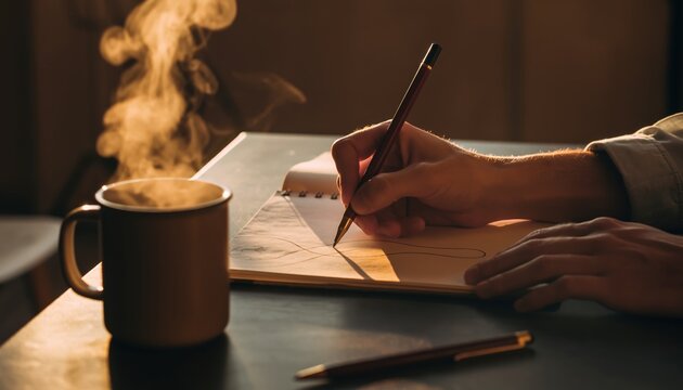 Hand writing in notebook with steaming coffee in warm light — journaling, planning and cozy creative workspace - Powered by Adobe
