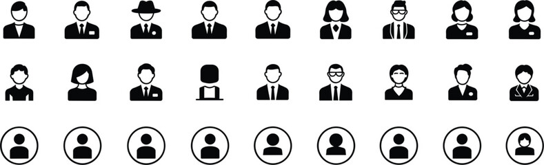 Collection of black and white silhouette icons representing diverse people woman