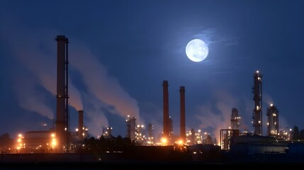 An industrial refinery complex at night bathed in the glow of a large moon with steam and smoke rising from its towering chimneys