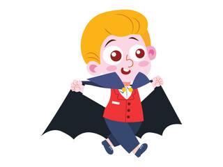 Illustrated boy in a vampire costume with a cape.