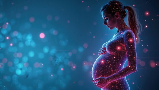 Pregnant woman with digital light particles on body. Future mother connects with tech, prenatal care data. Expecting parent in abstract cyberspace, expecting baby.