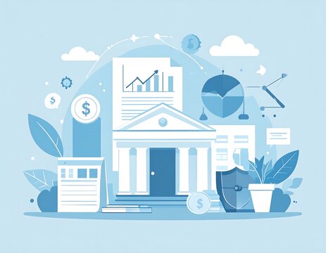 Financial illustration featuring a neoclassical building, graphs, currency symbols, and protective elements set against a light blue backdrop