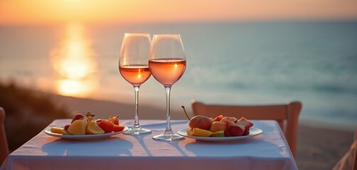 Two wine glasses filled with rose wine sit on a table set with fruit plates. Sunset casts warm glow over ocean backdrop. Couple enjoys romantic beach dinner.
