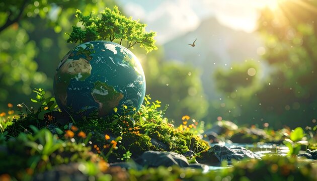 Earth globe nestled amidst lush greenery and vibrant flowers in a sun-drenched forest scene with a small bird