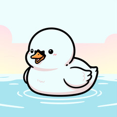 Adorable duck cartoon character swimming in water with sunset background