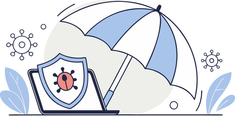 Flat vector illustration showing umbrella protecting laptop with lock and warning shield, symbolizing cybercrime risks, data breach alerts and online security for tech banners, apps and infographics.