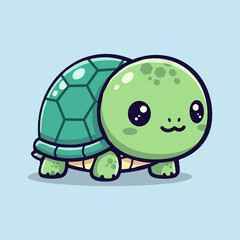 Cute cartoon turtle with a shell and big eyes on a light blue background