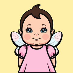 Cute cartoon baby fairy isolated on yellow background, vector illustration