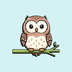 Cartoon owl on branch, cute bird with brown feathers, isolated on