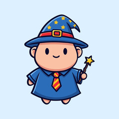 Cute little wizard cartoon character holding magic wand on light blue background